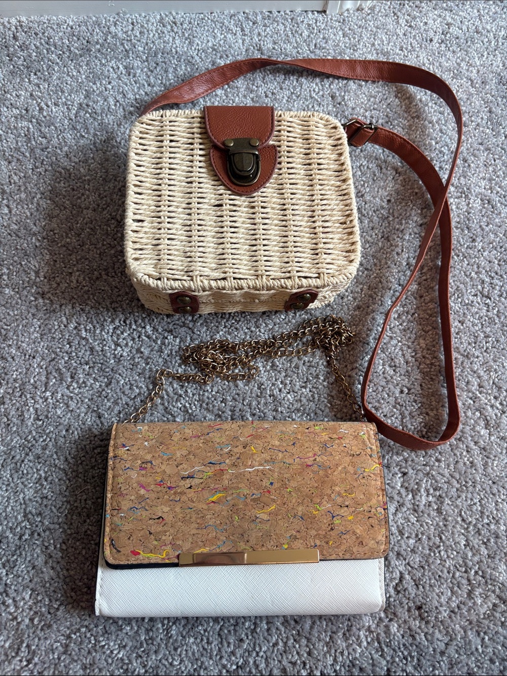 Bundle of 2 crossbody bags Woven Straw Crossbody Bag with Brown Leather Trim